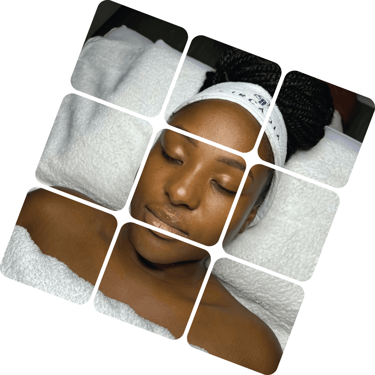 A young Kenyan woman with clear, radiant skin resting calmly during a facial treatment at Skin by Lyze in Nairobi